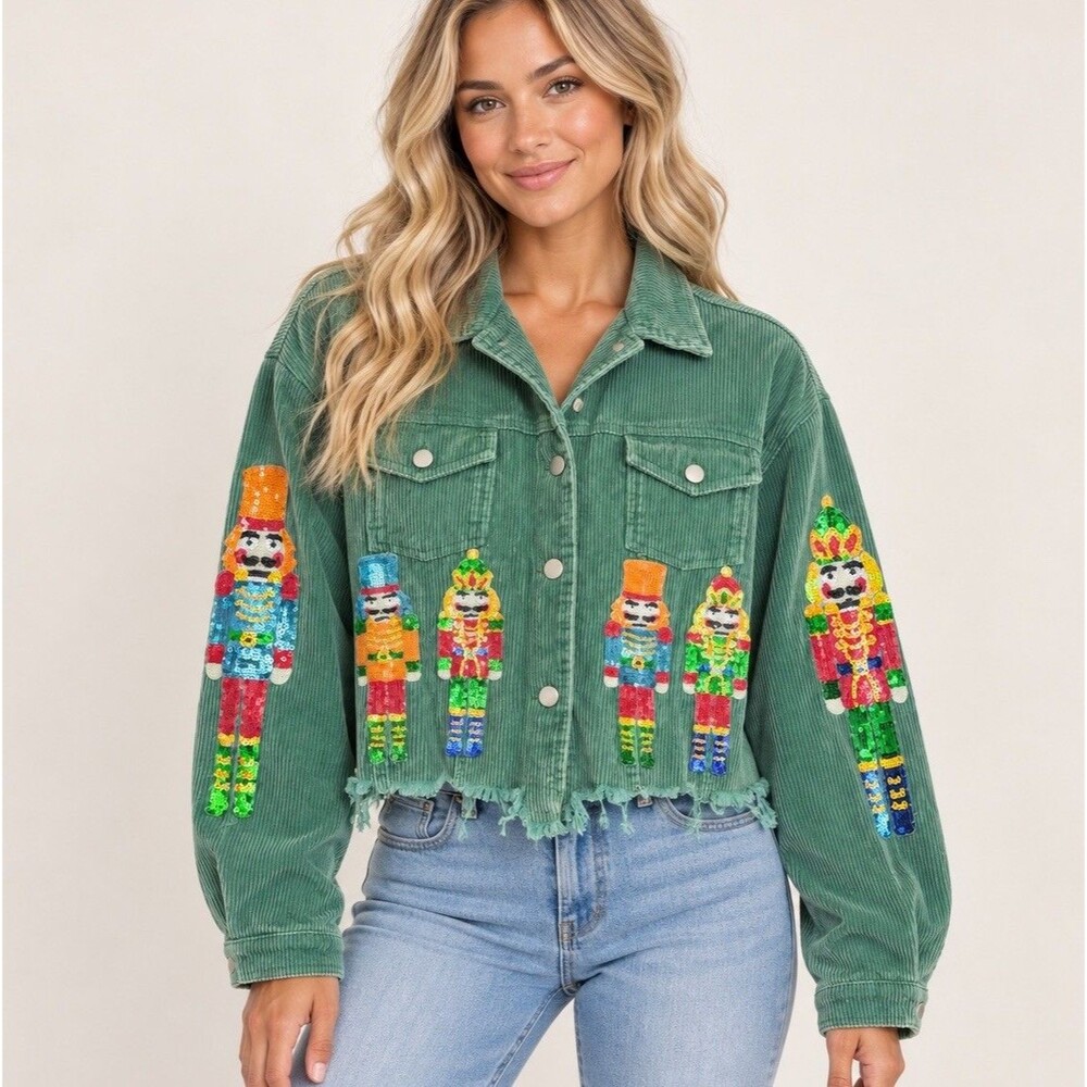 Bibi Nutcracker Sequin Corduroy Jacket Womens M Green Christmas Cropped